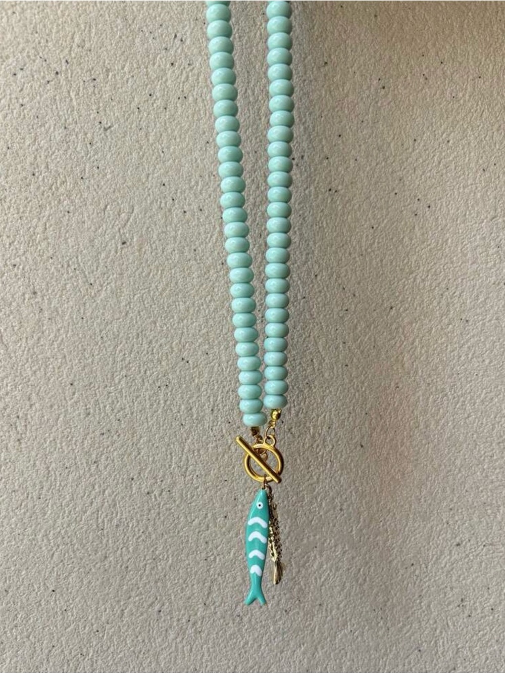 Anthropologie Mint Beaded Necklace with Gold Fish Charms - Picture 3 of 4